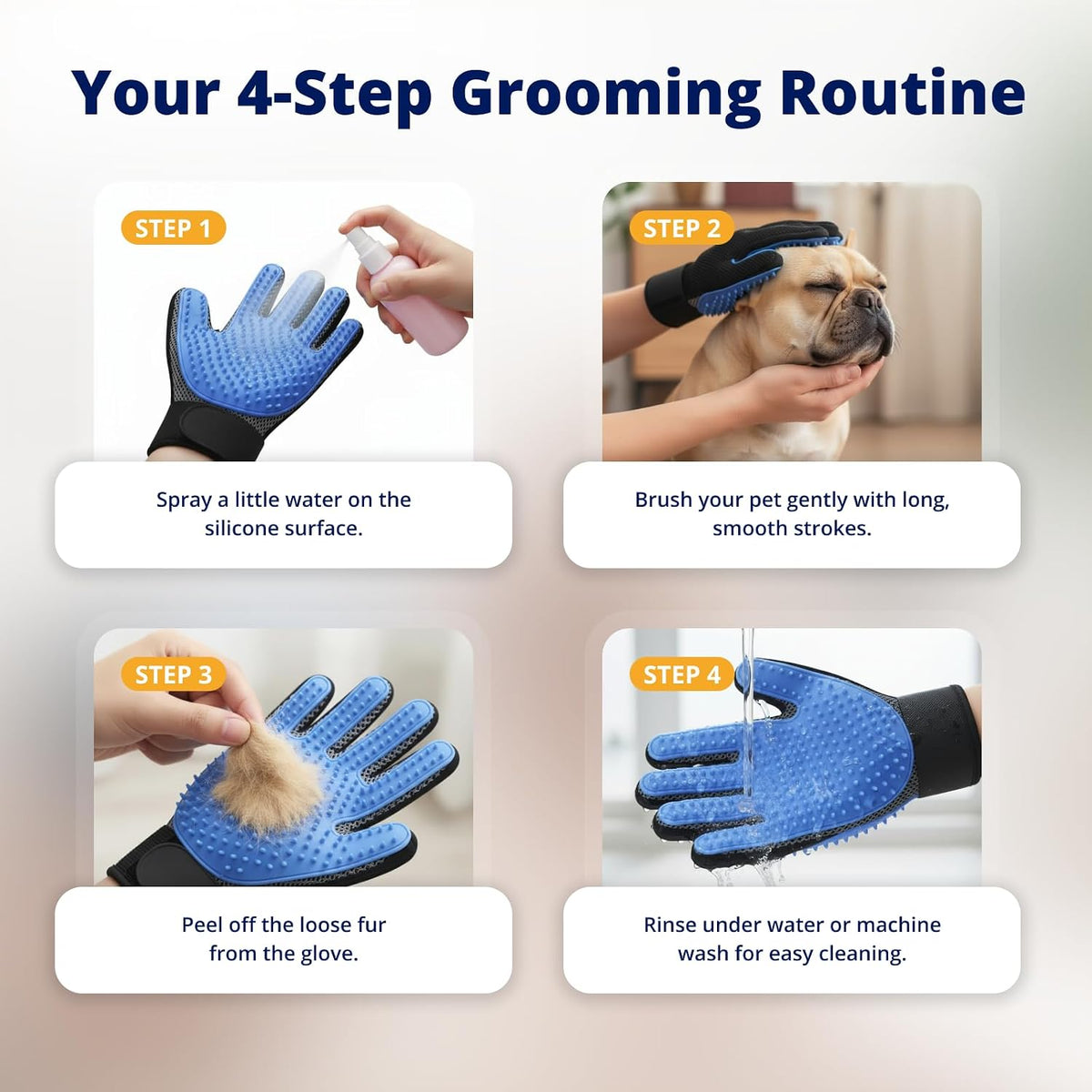 Grooming a rabbit with the soft rubber massager glove for pets