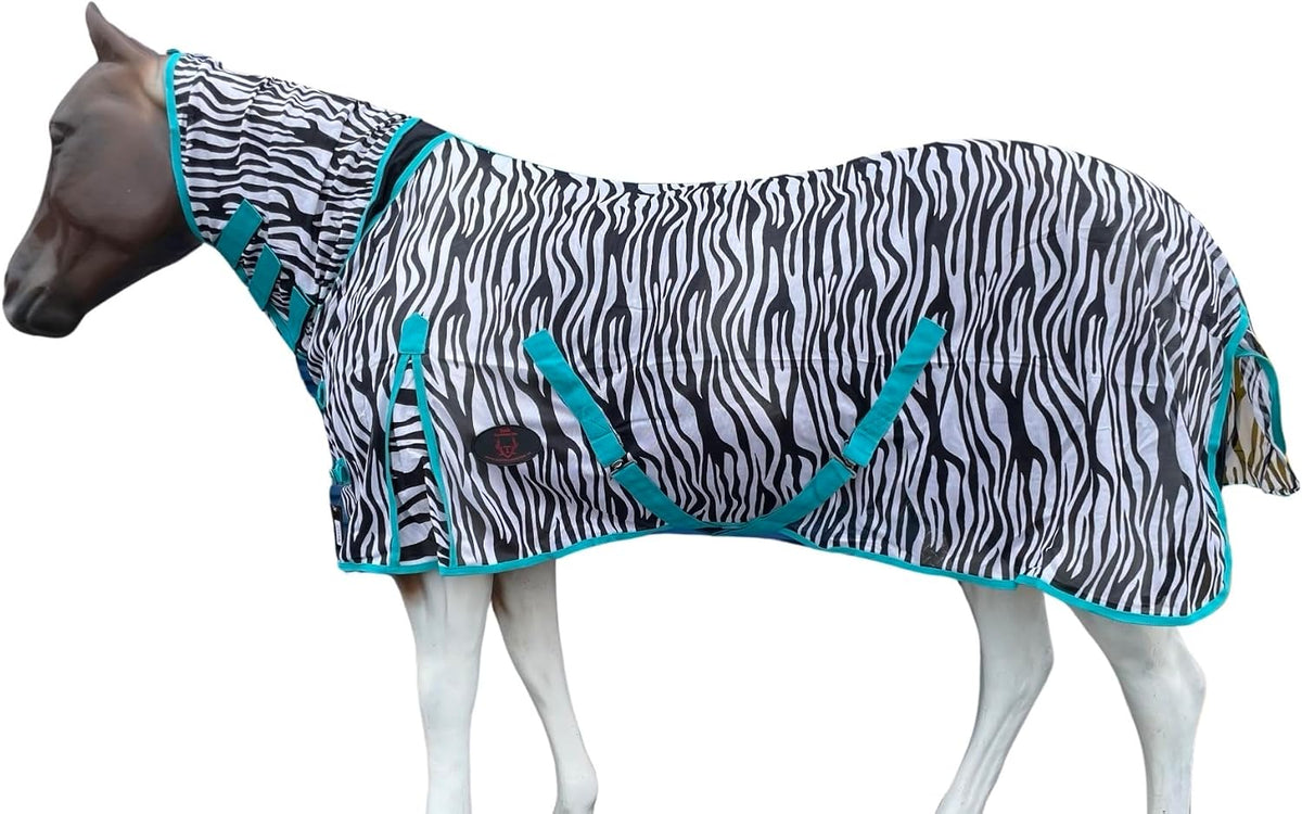Tech Equestrian horse fly sheet with attached neck combo front view showing secure buckle closures.