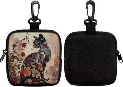 Black cat floral pouch attached to a belt for hands-free carrying