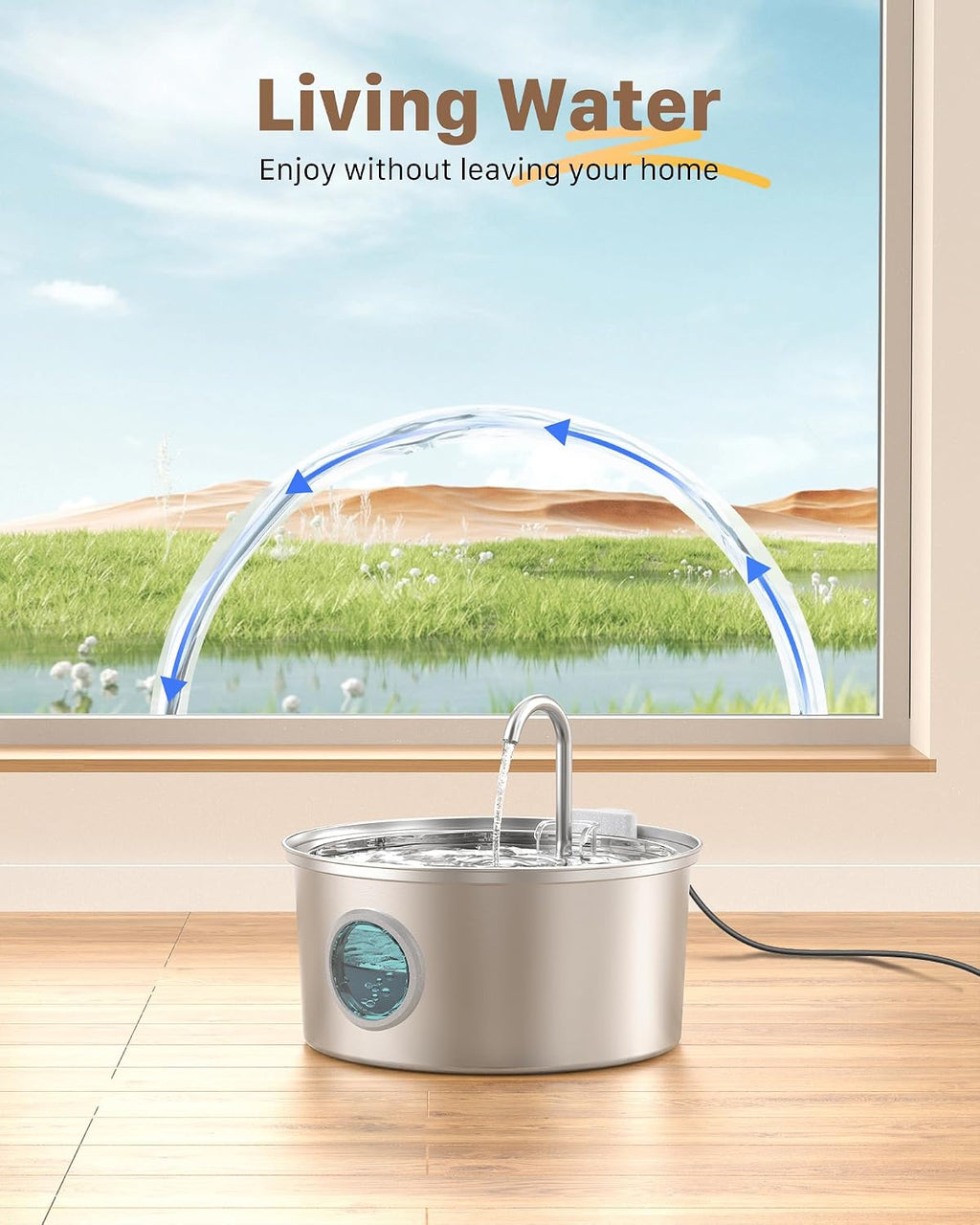 Stainless steel pet fountain showing faucet spout and bowl