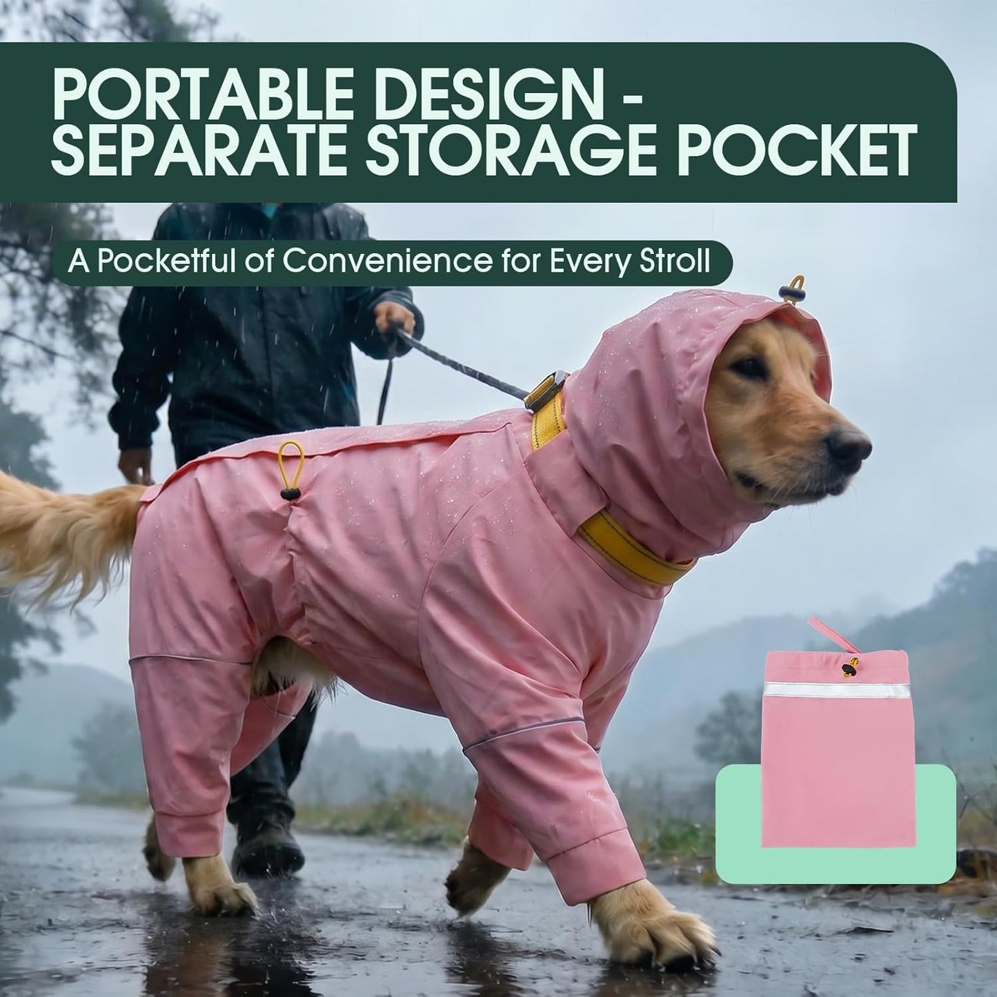 Lightweight pink pet rain coat with integrated leash D ring