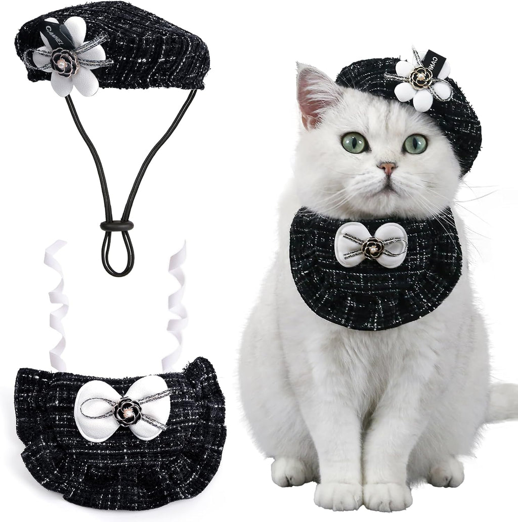 HOWWFALY 2PCS Cat Beret Hat with Small Camellia, Adjustable Satin Bowtie Bandana Scarf Set Pet Princess Costume for Halloween Christmas, Cat Dog Birthday Party Apparel (Pink Bow) - Image 14