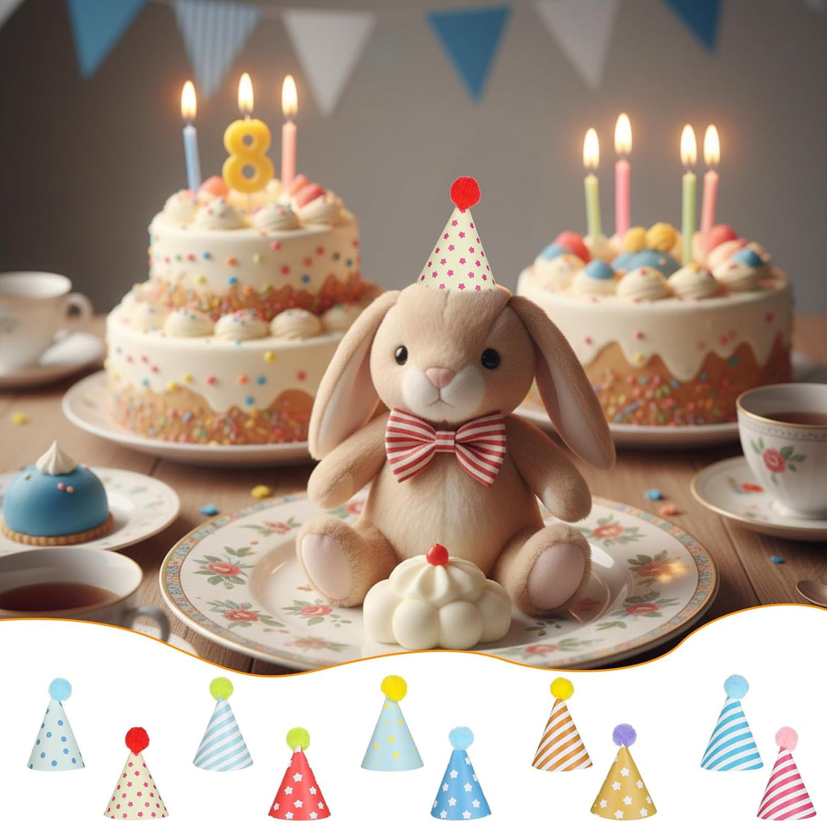 Cute rabbit wearing a party hat for birthday celebration