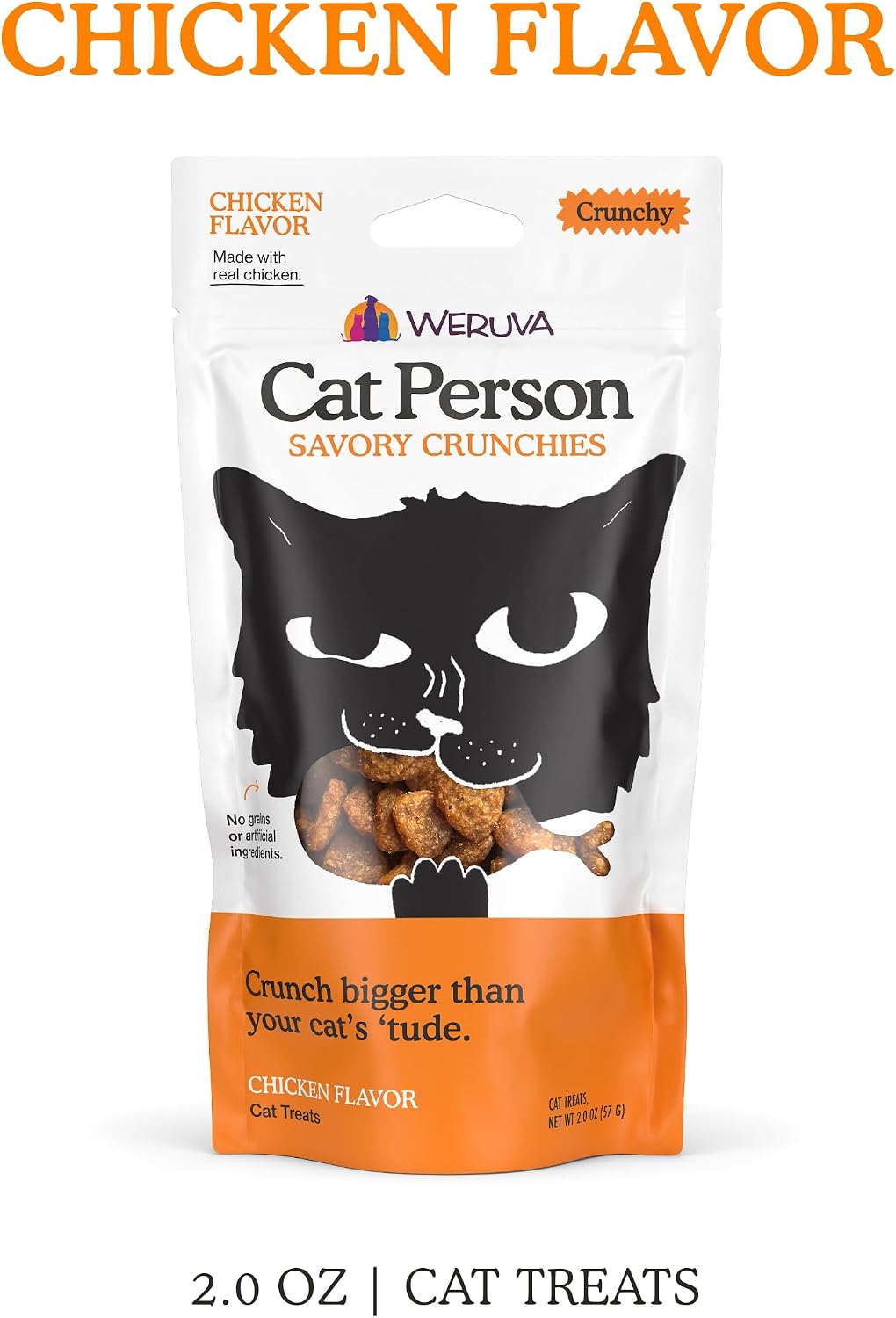 Cat Person chicken and pumpkin cat treats bag showcasing the authentic low calorie formula