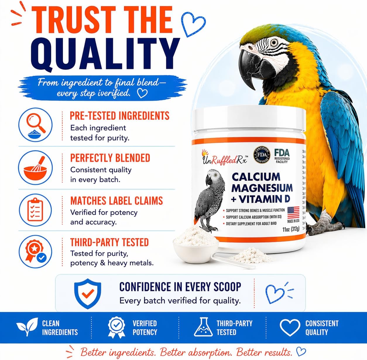 Avian calcium powder with scoop instructions for preventing egg binding in pet birds