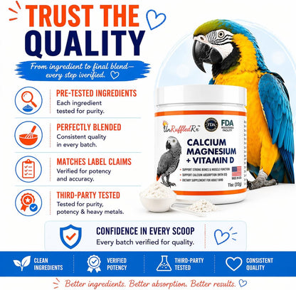 Avian calcium powder with scoop instructions for preventing egg binding in pet birds