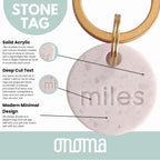 Onoma durable acrylic pet nameplate showing deep cut text detail.
