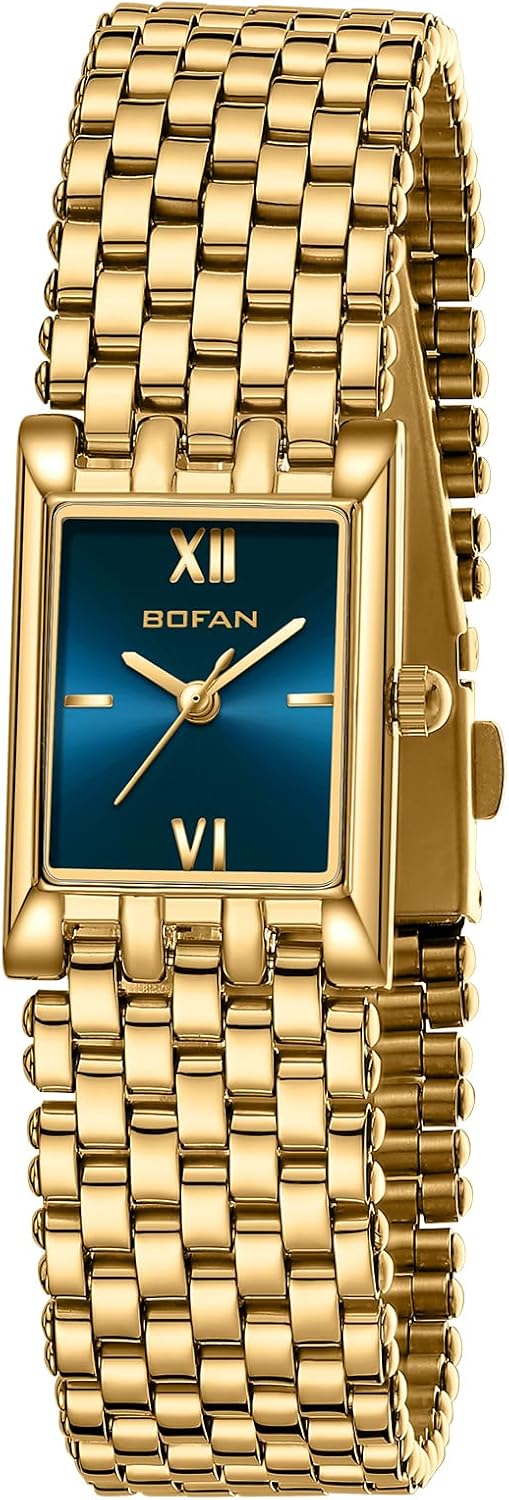 Close up of BOFAN gold watch face with scratch resistant mineral glass