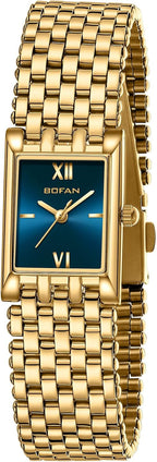 Close up of BOFAN gold watch face with scratch resistant mineral glass