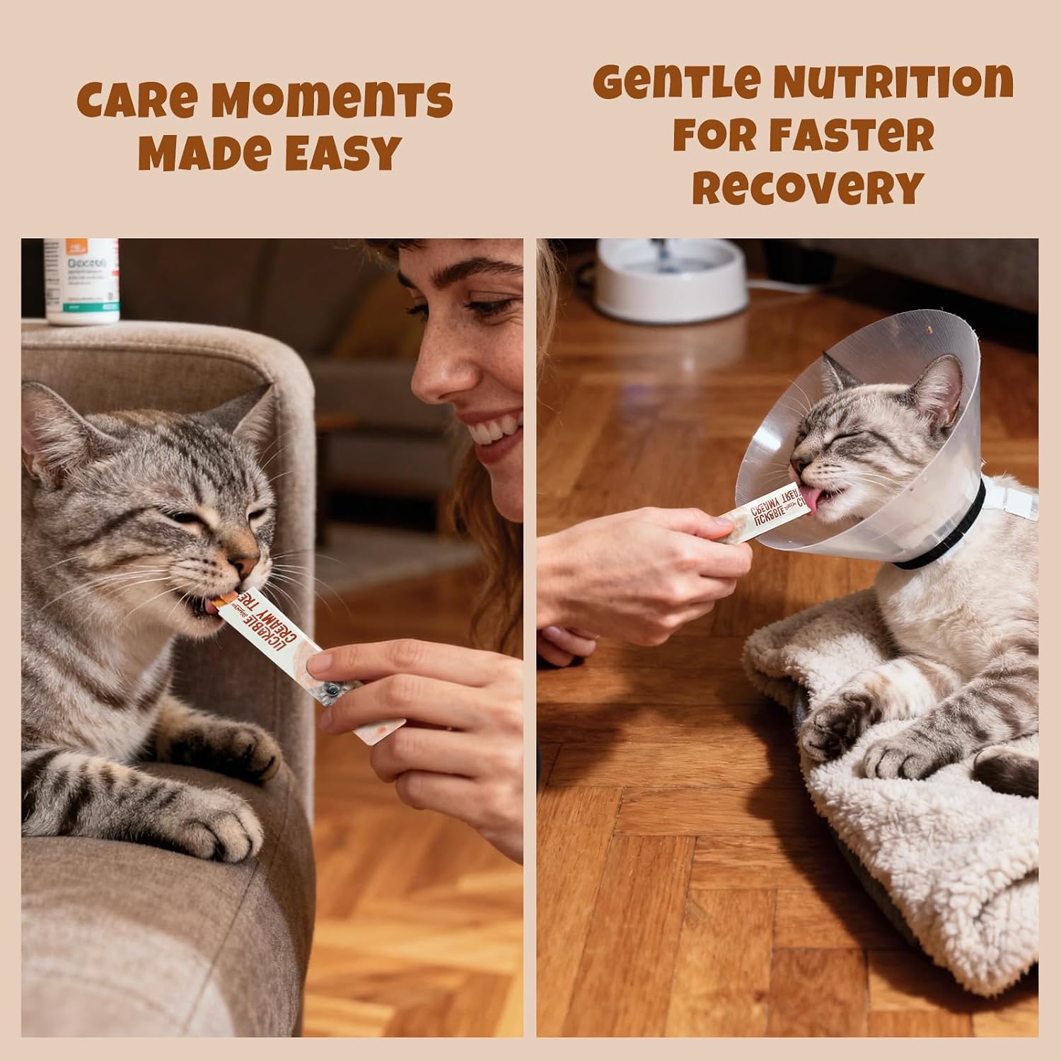 Creamy tuna and chicken cat purÃ©e poured over dry kibble food topper