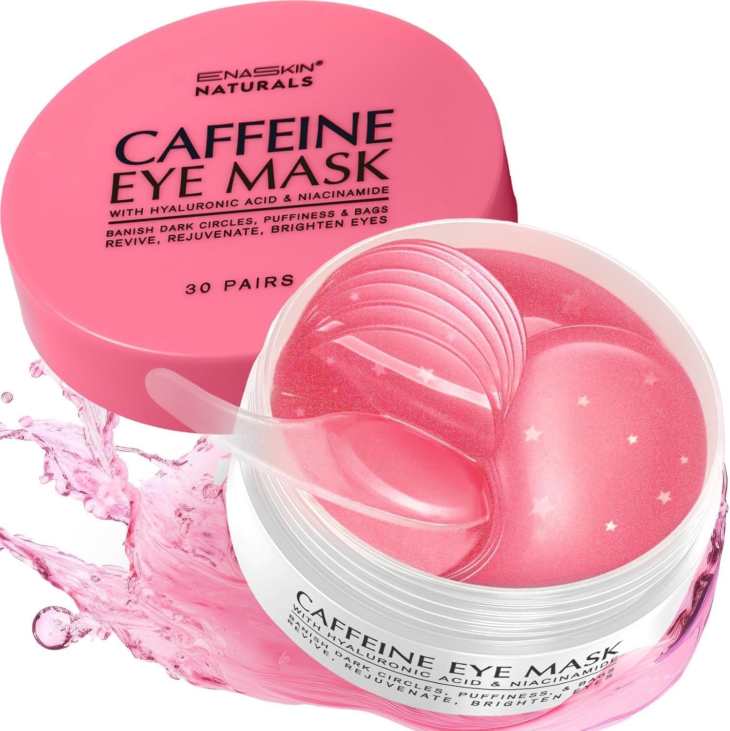 Enaskin Naturals Caffeine Under Eye Patches pink jar front view for dark circles treatment
