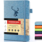 Molekaus password book front view of light blue hardcover with embossed deer design.