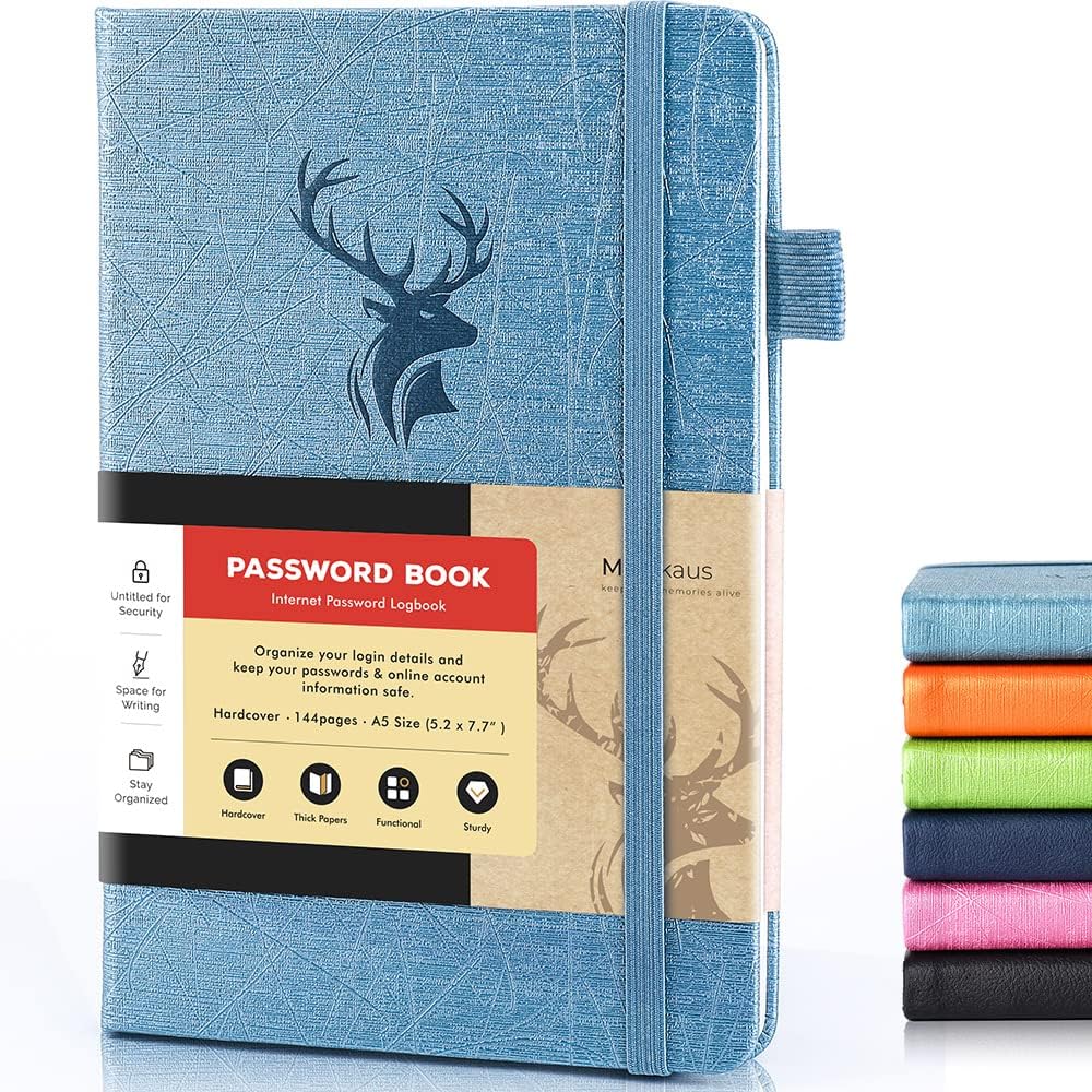 Molekaus password book front view of light blue hardcover with embossed deer design.
