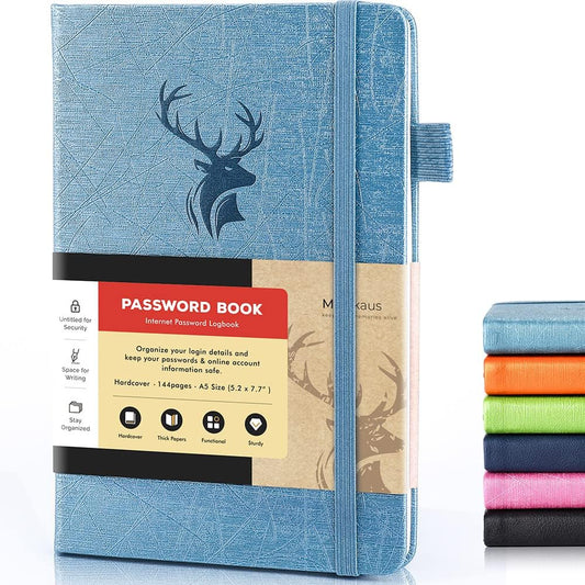 Molekaus password book front view of light blue hardcover with embossed deer design.