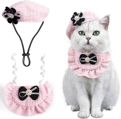 HOWWFALY 2PCS Cat Beret Hat with Small Camellia, Adjustable Satin Bowtie Bandana Scarf Set Pet Princess Costume for Halloween Christmas, Cat Dog Birthday Party Apparel (Pink Bow) - Image 11