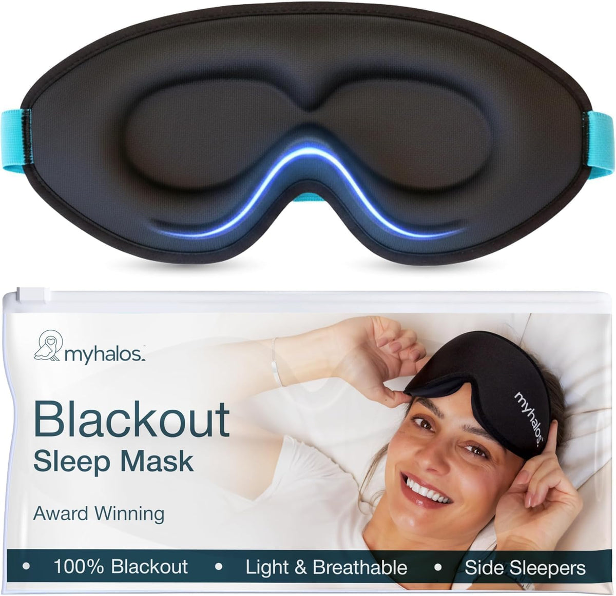 MyHalos 3D Blackout Sleep Mask front view showing contoured eye cups.