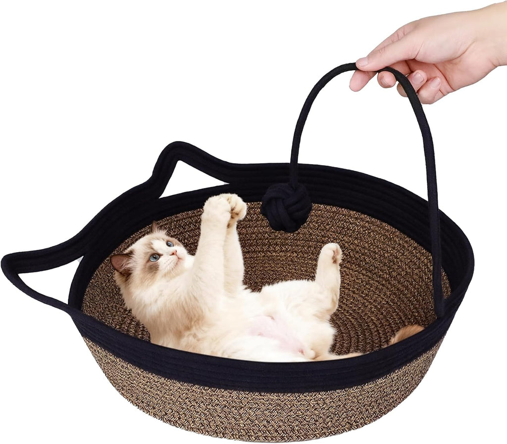 Cotton Rope Woven Cat Bed, Pet Sleeping Bed with a Playing Rope Ball, Foldable Sleeping Basket for Cats, Puppies, Rabbits and Small Pets (Large, Brown & Beige) - Image 9