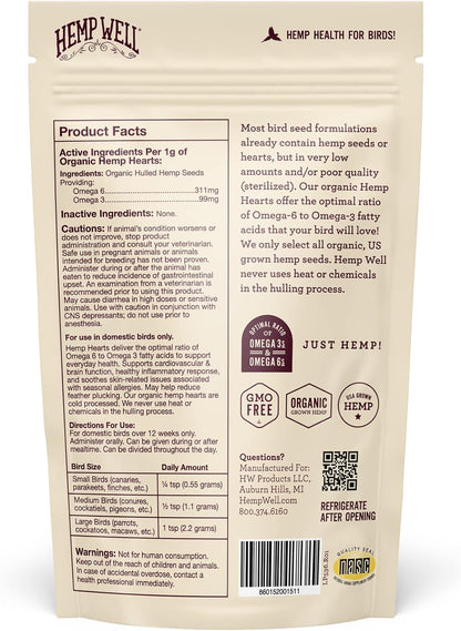 Hemp Well anti feather plucking natural supplement for parrots and parakeets back label instructions