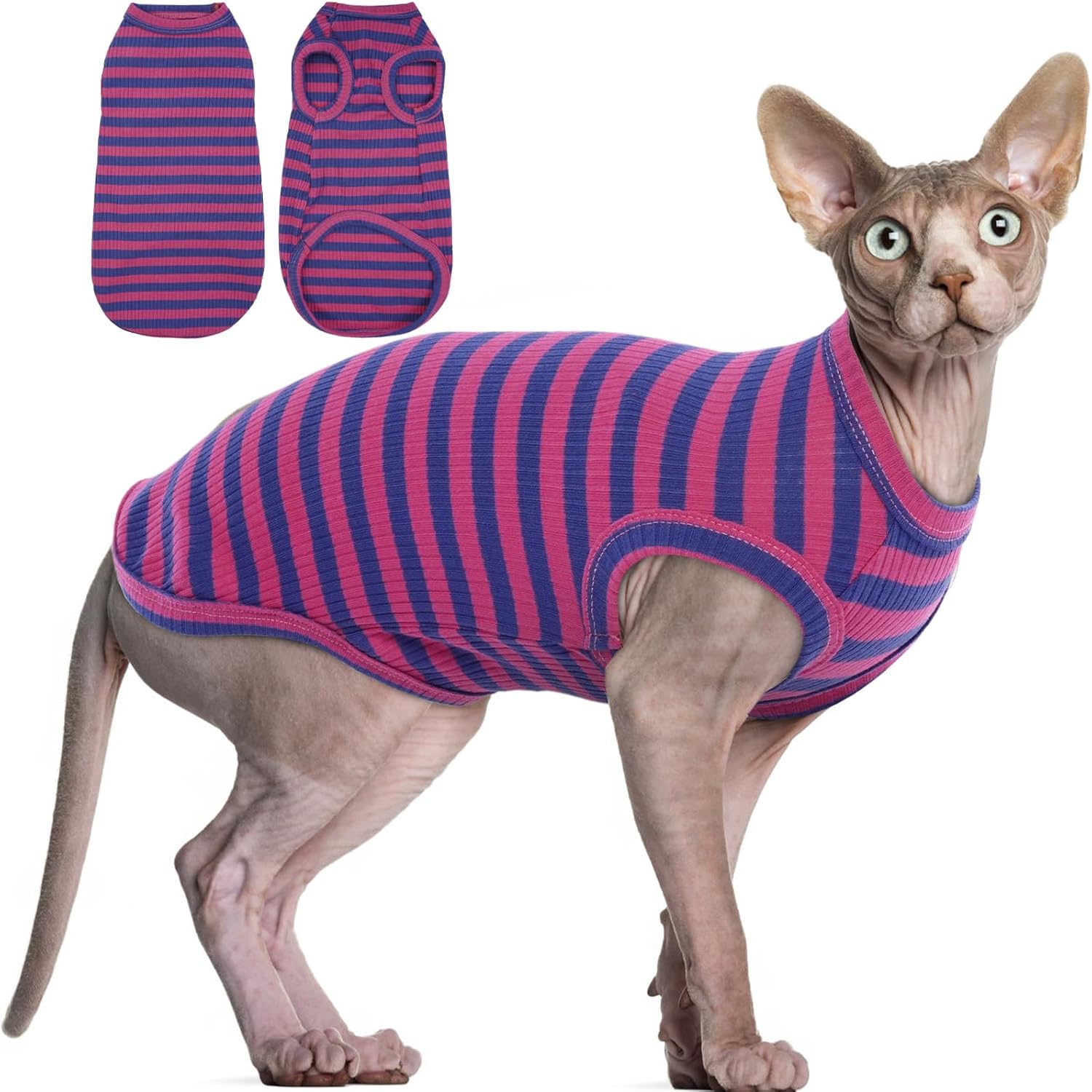 BRKURLEG Sphynx Hairless Cats Shirt Puppy Clothes Soft Cotton T-Shirts Cute Cats Pajamas Cat Stripes Vest Pet Sweater, Round Collar Vest Kitten Shirts(Red Stripes, XL) - Image 9
