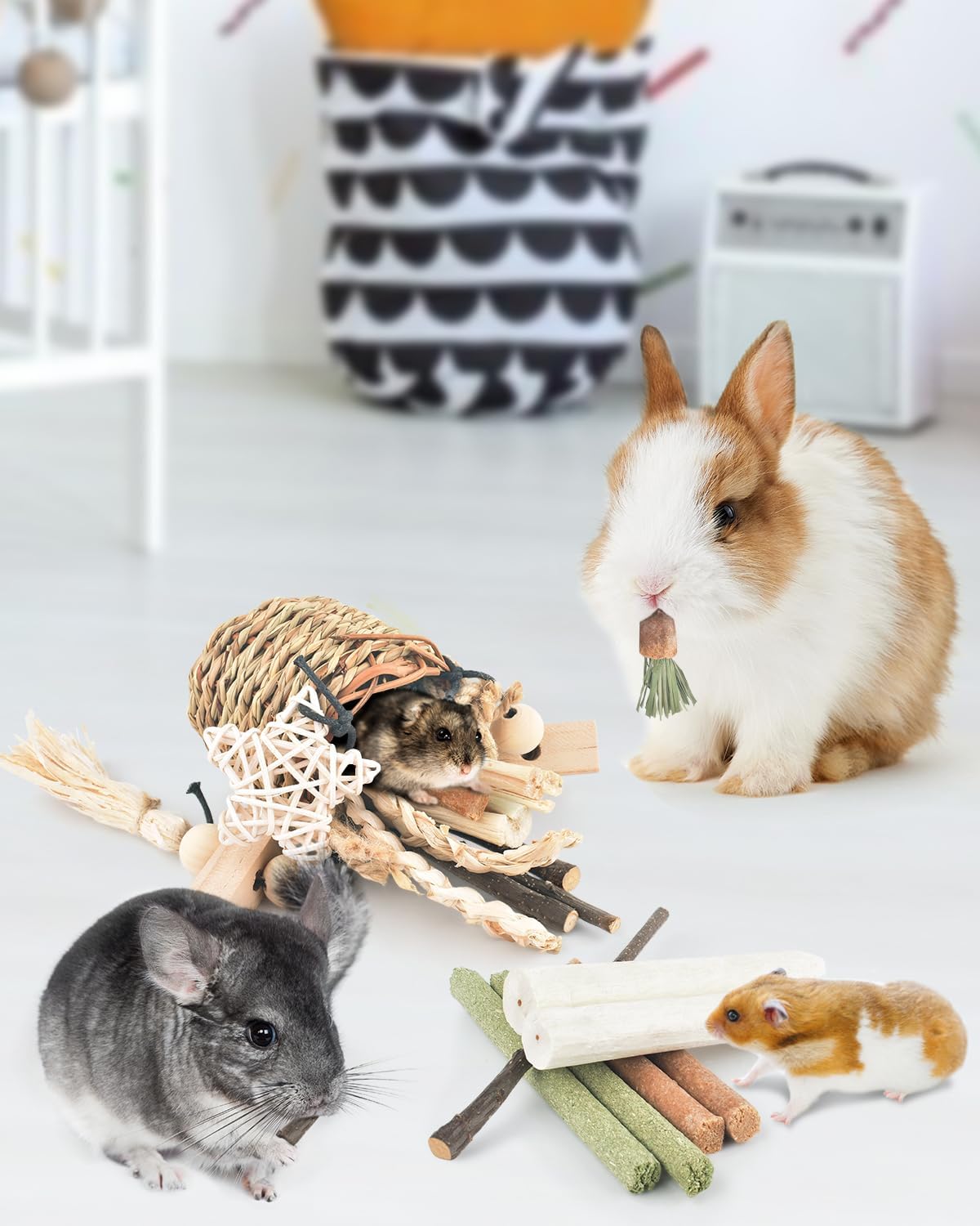 Natural chinchilla chew treats basket showing safe non toxic plant fibers