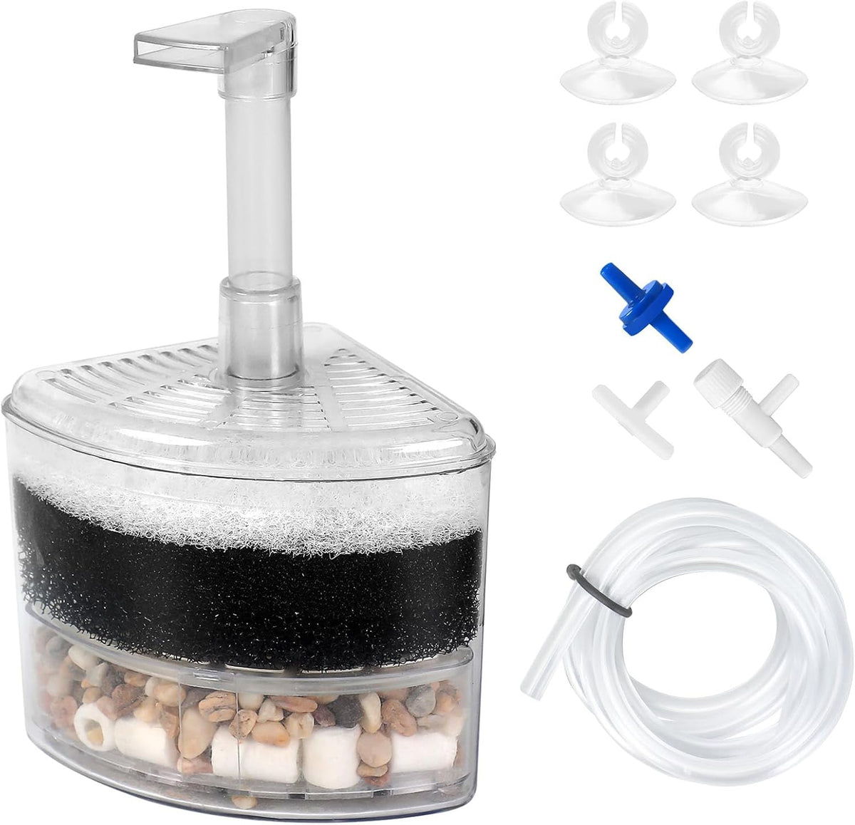 Aquaneat aquarium air driven bio corner filter sponge front view with accessories