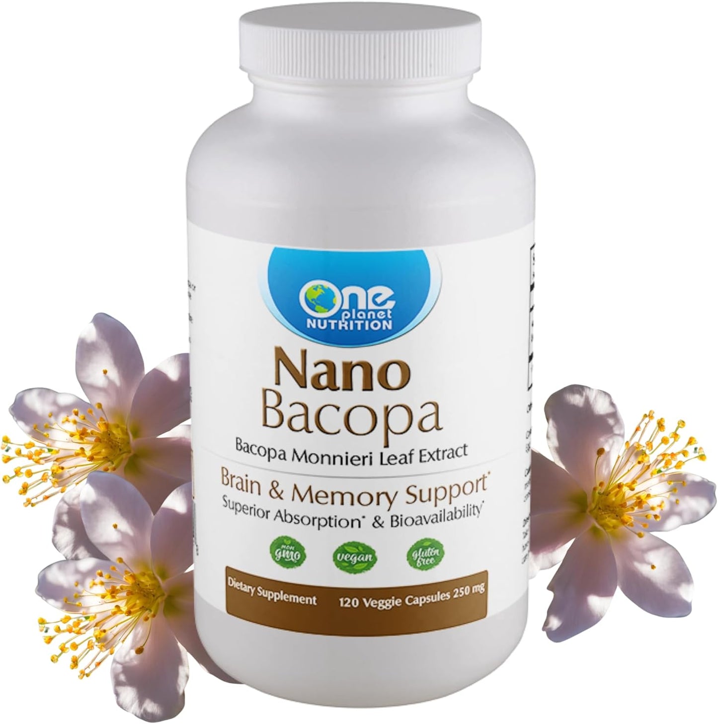 One Planet Nutrition Nano Bacopa Monnieri 250mg 120 capsules front view bottle