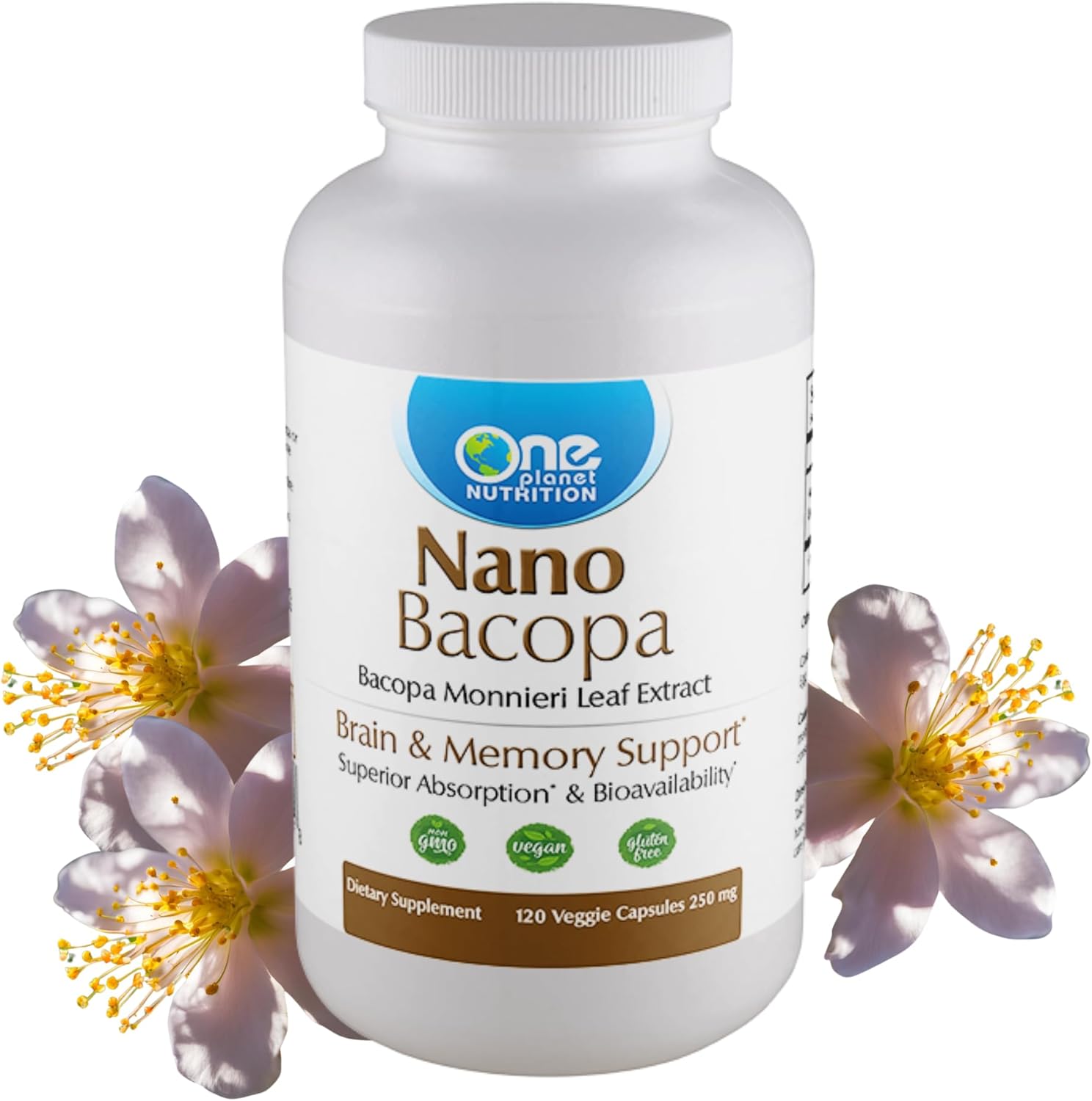 One Planet Nutrition Nano Bacopa Monnieri 250mg 120 capsules front view bottle