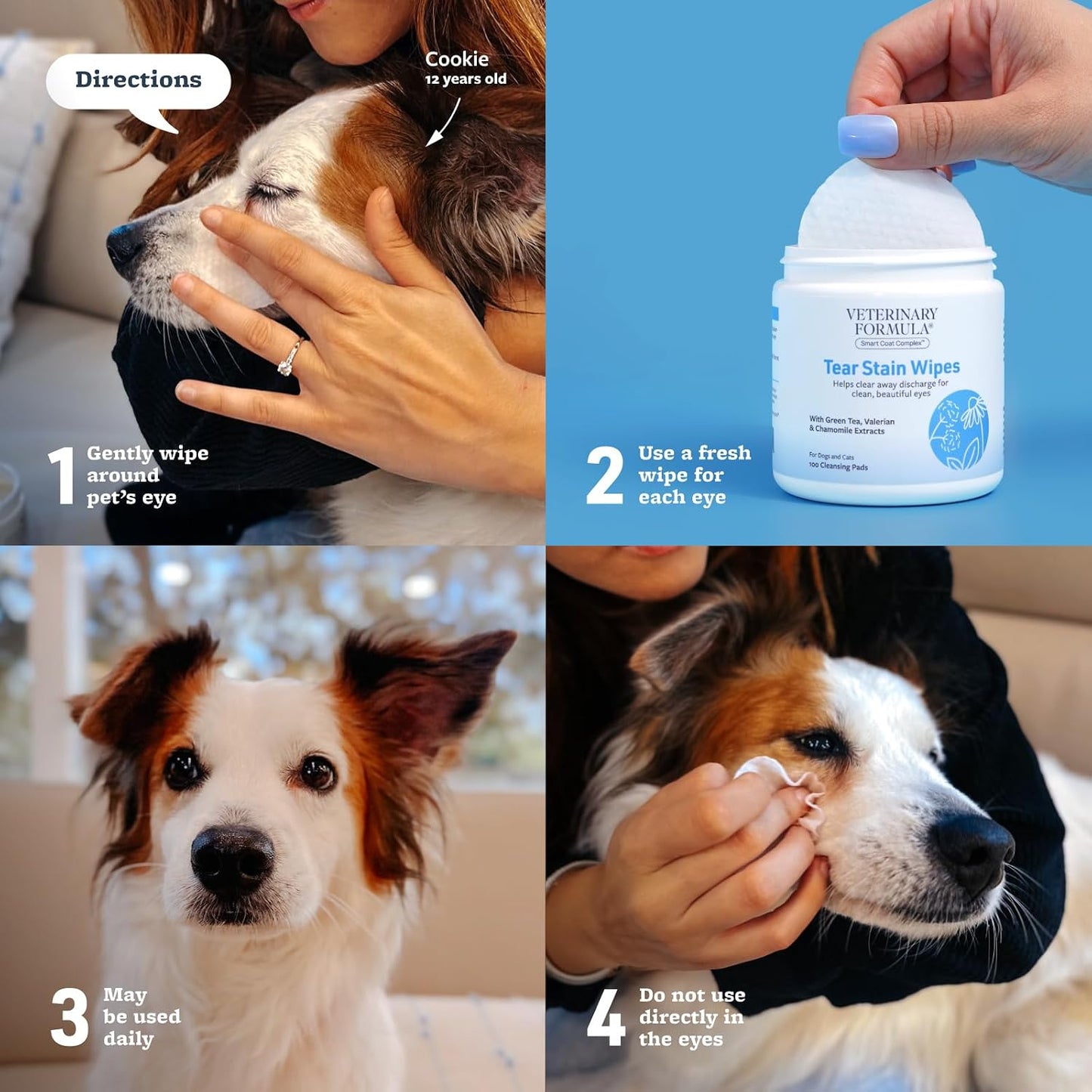 Sulfate-free eye and face wipes for white-haired dogs and cats