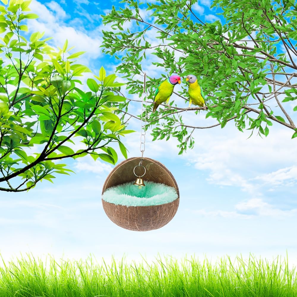 2 Pack Natural Coconut Shell Bird Nest with Pads for Small Parrots - Image 5