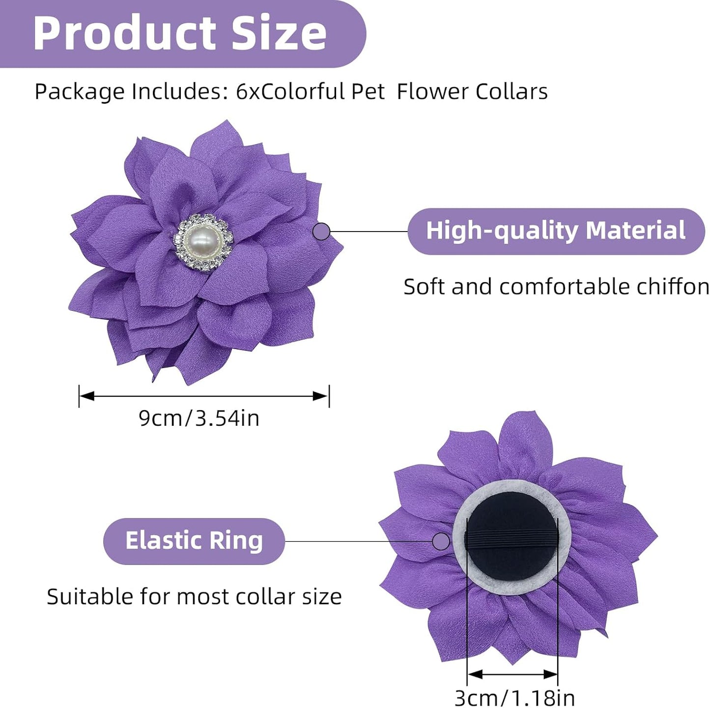 Six pack dog collar flower attachments illustrating the durable elastic slide on backing