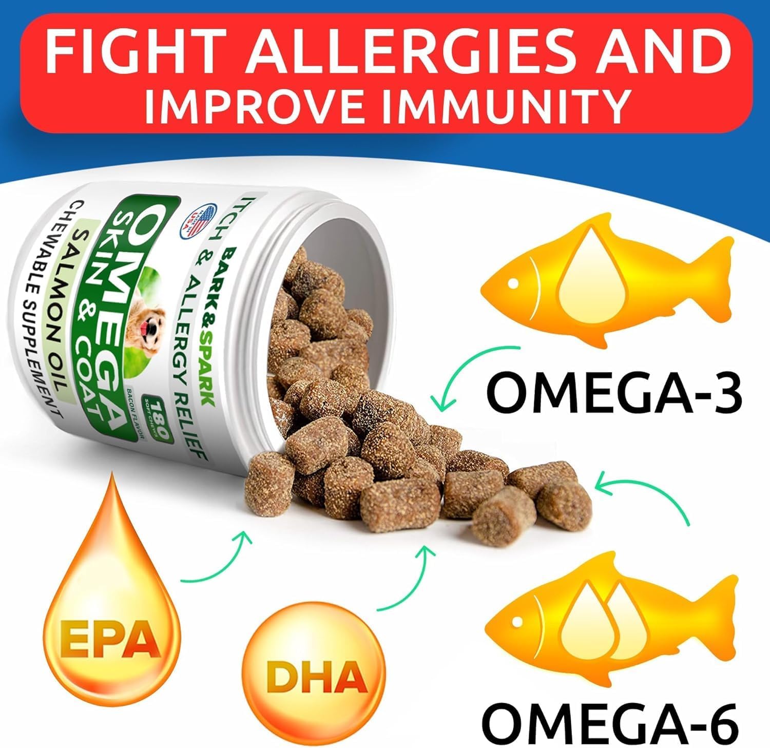 Premium salmon oil dog supplement for itch relief and hot spots treatment close up.