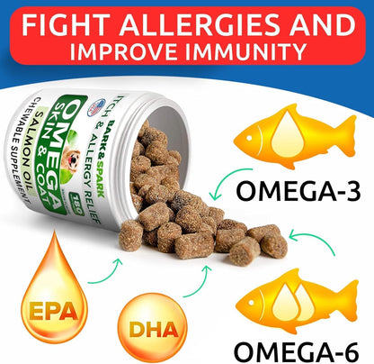 Premium salmon oil dog supplement for itch relief and hot spots treatment close up.