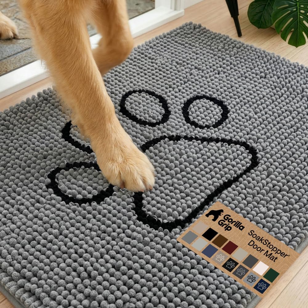Gorilla Grip SoakStopper dog door mat front view showcasing grey chenille fabric and paw design