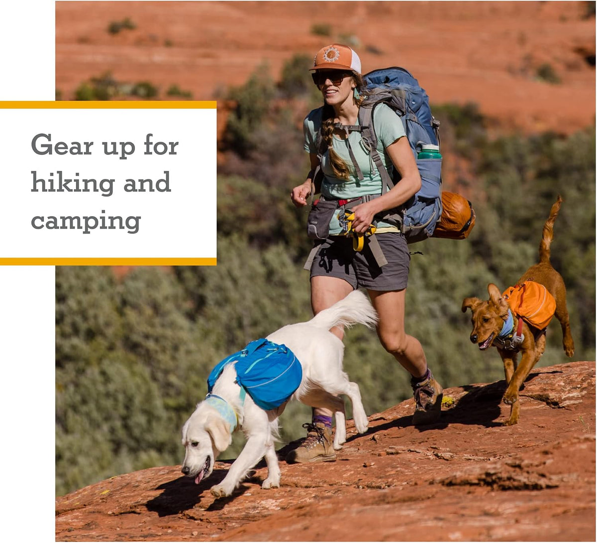 Ruffwear weight forward dog pack showing radial cut saddlebags side view.