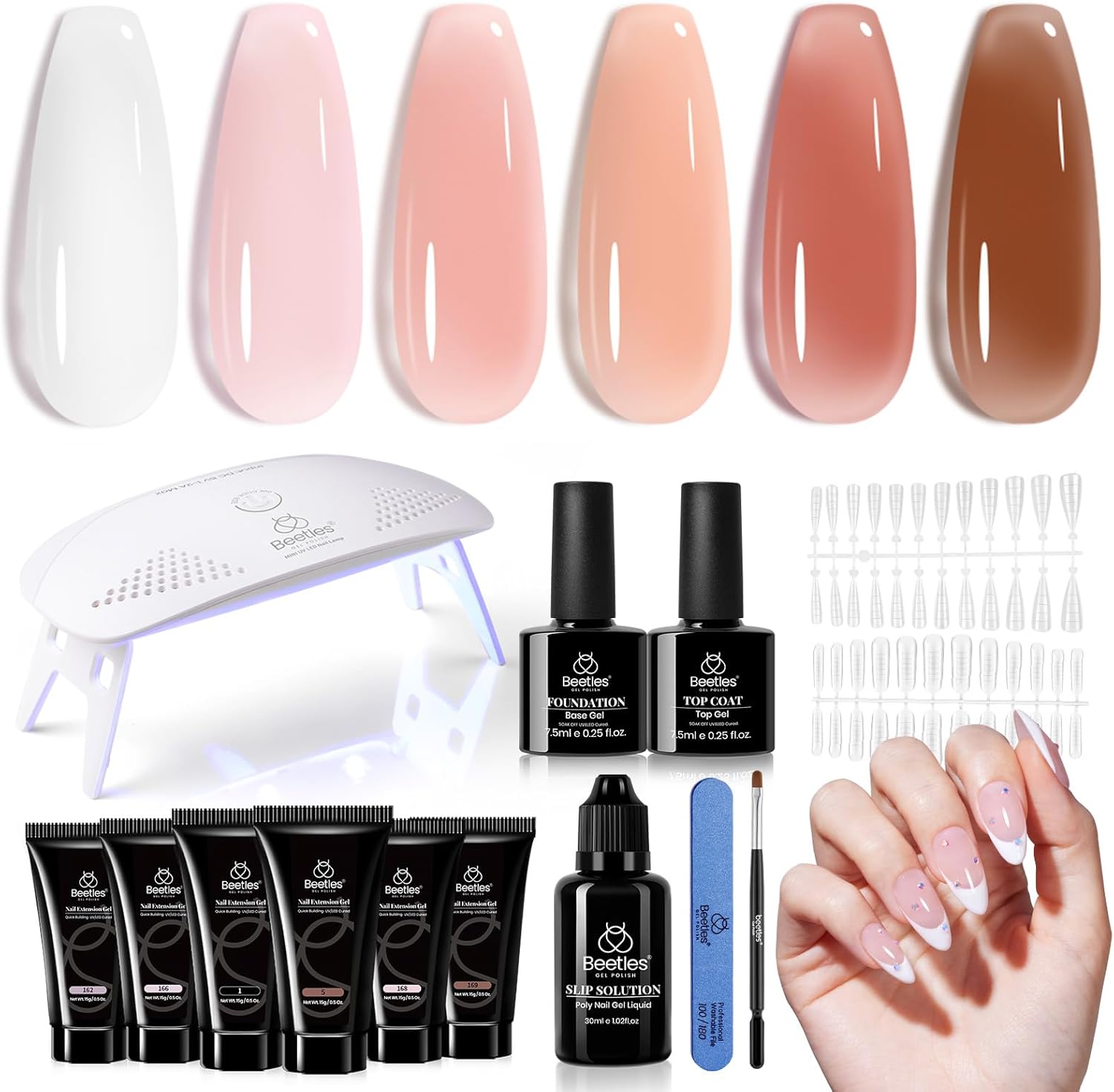 Beetles Poly Nail Gel Kit with 6 jelly nude colors and accessories