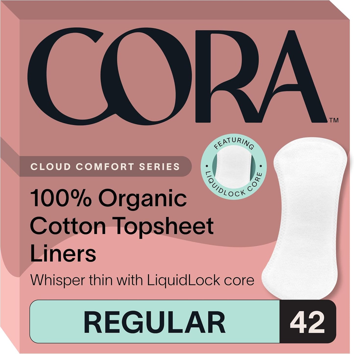 Cora 100 Percent Organic Cotton Topsheet Period Liners front view packaging
