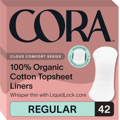 Cora 100 Percent Organic Cotton Topsheet Period Liners front view packaging