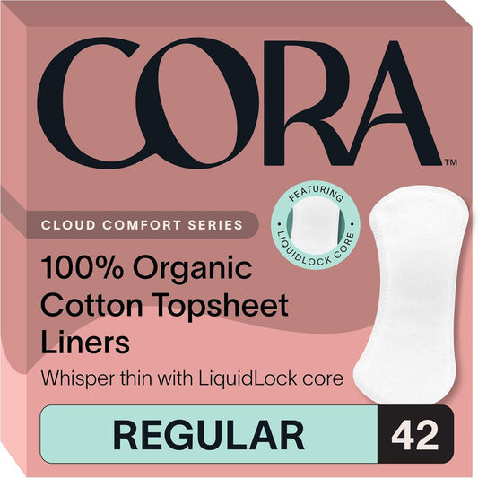 Cora 100 Percent Organic Cotton Topsheet Period Liners front view packaging