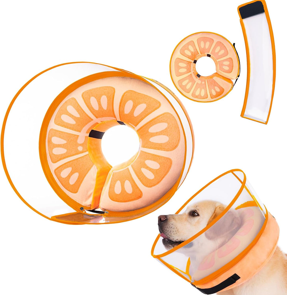 Mariyago Inflatable Dog Cone Collar front view in orange citrus design showing the clear protective outer shield.