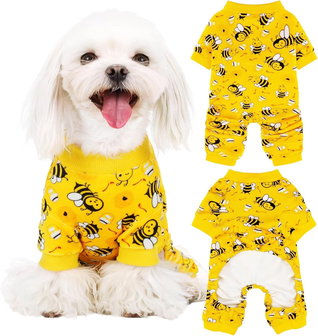 Side view of the Paiaite four legged dog apparel in yellow and black cartoon print.