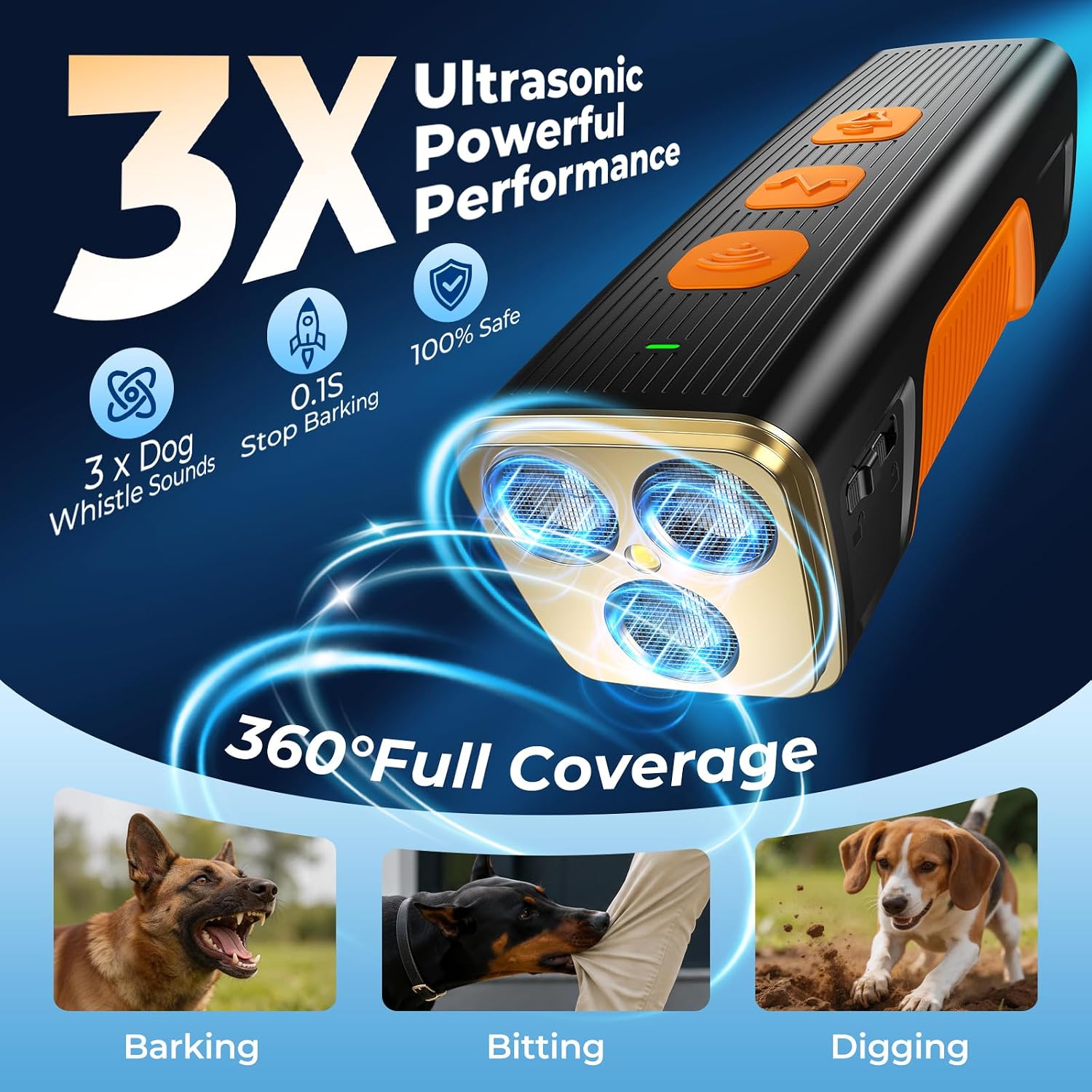LQYDQSC anti barking device showing three ultrasonic emitters