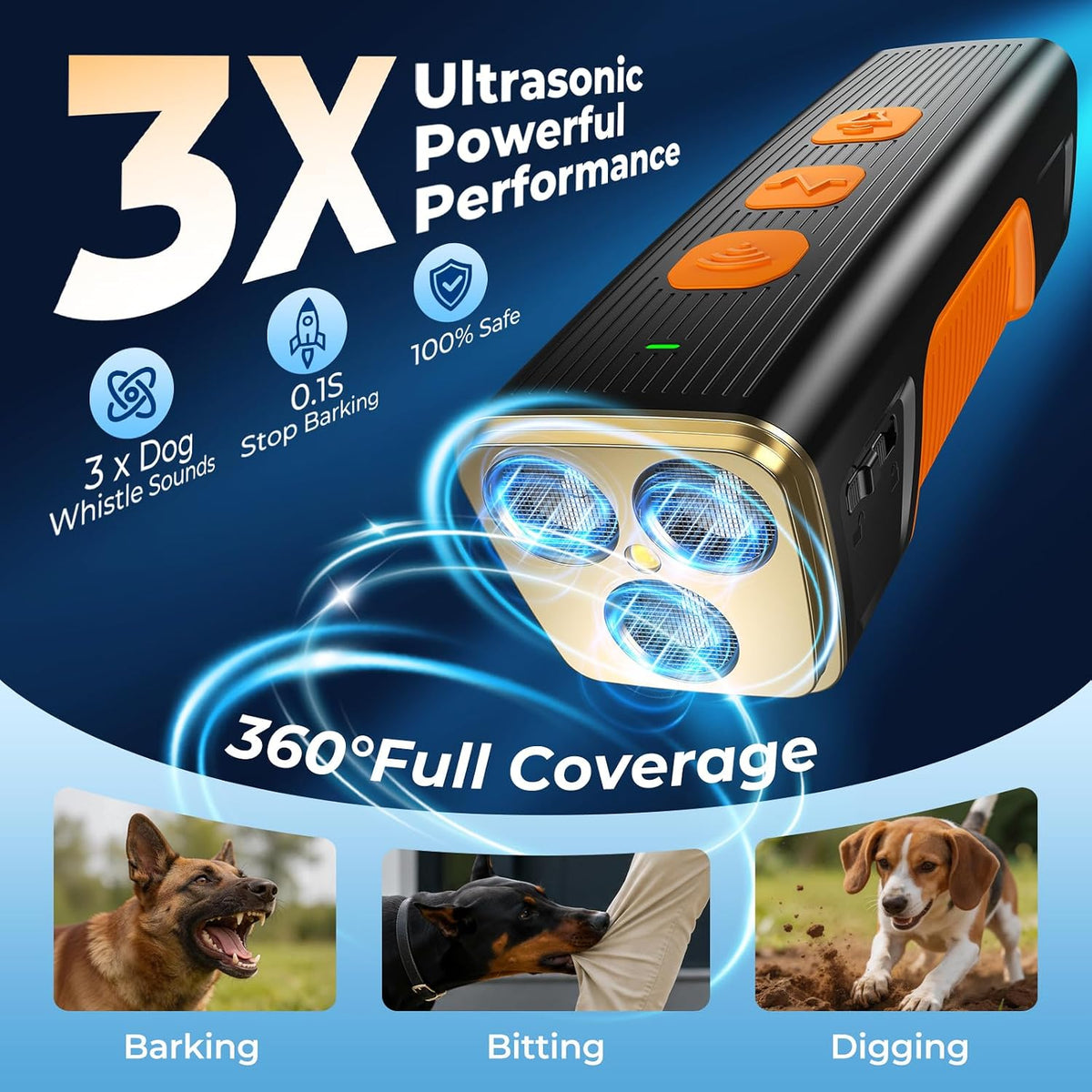 LQYDQSC anti barking device showing three ultrasonic emitters