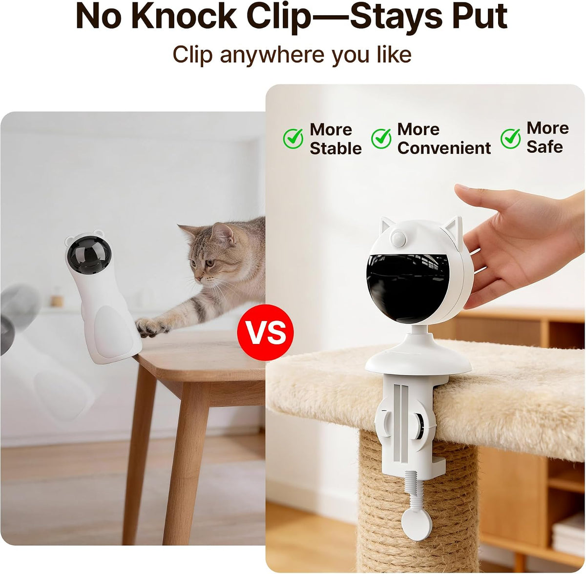 Potaroma motion activated cat toy clamped onto a wooden table edge projecting red dot