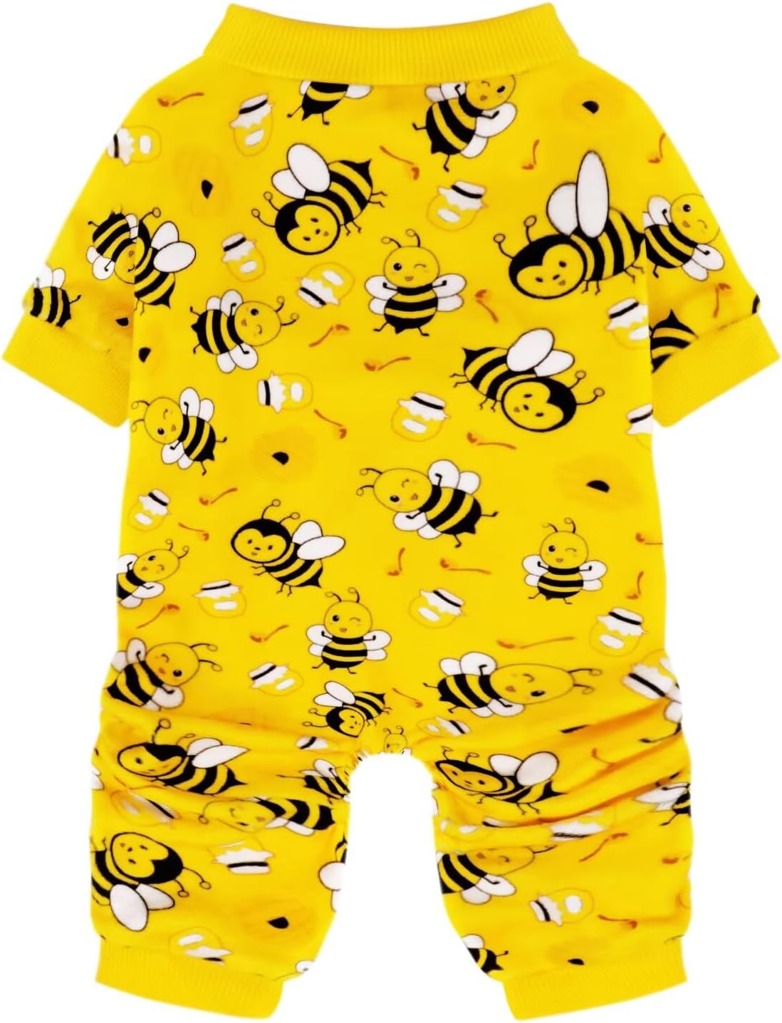 Paiaite dog pajamas onesie front view showing the cute bee pattern on a medium dog.