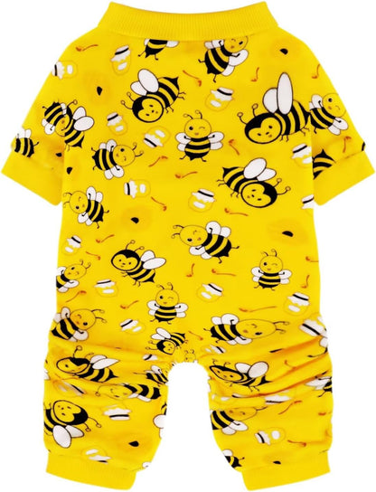 Paiaite dog pajamas onesie front view showing the cute bee pattern on a medium dog.