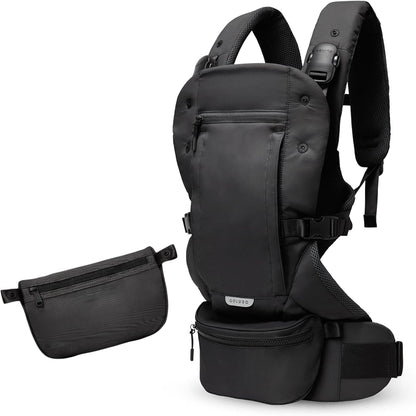 Colugo Baby Carrier in black showing the ergonomic front view design for newborns.