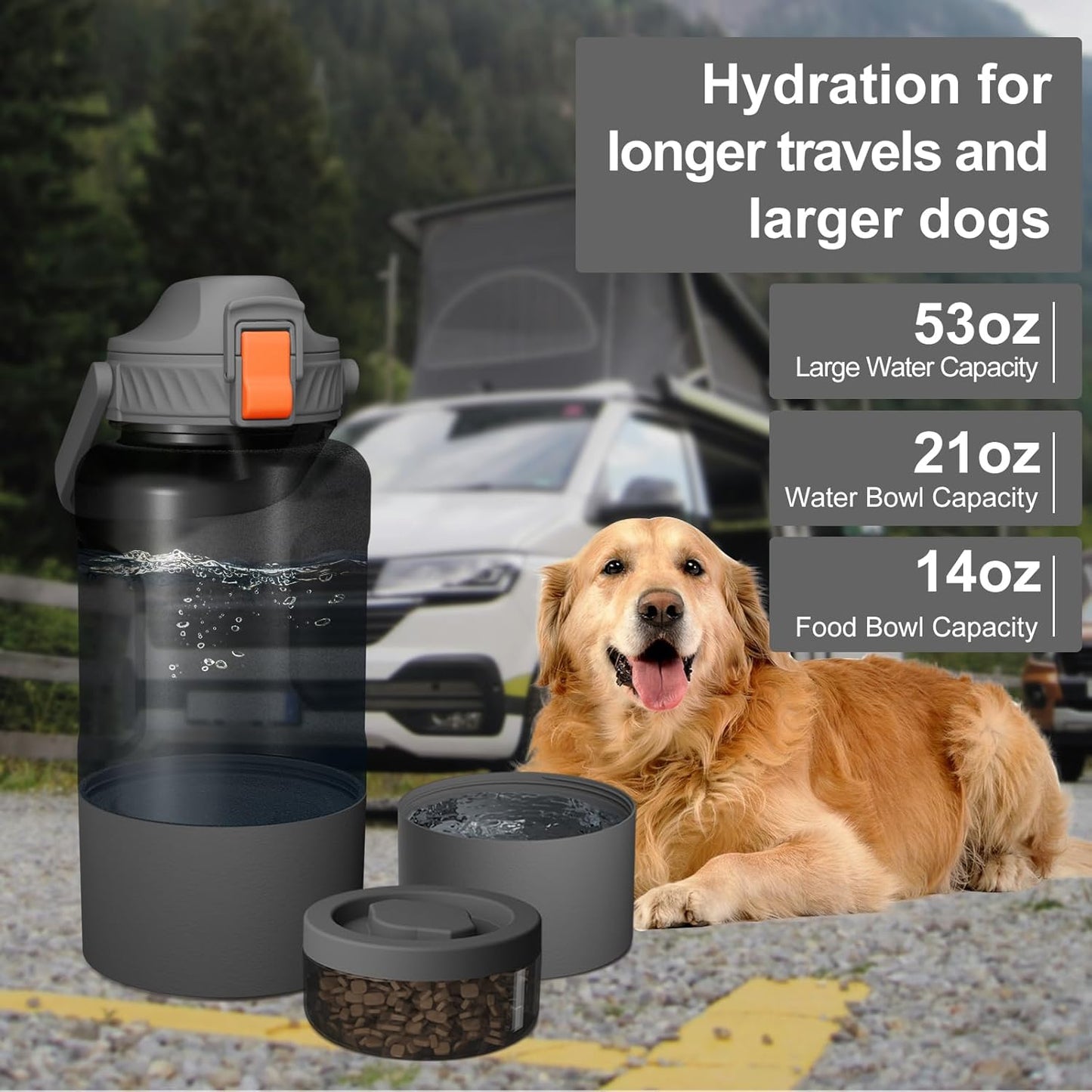 Cibaabo three in one pet dispenser with the water bowl and food container detached to show modular components.