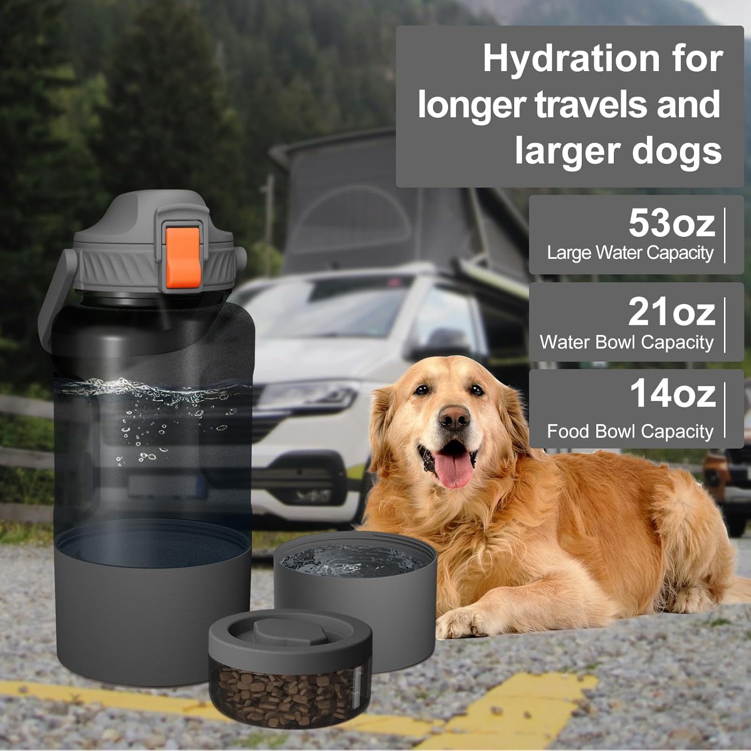 Cibaabo three in one pet dispenser with the water bowl and food container detached to show modular components.