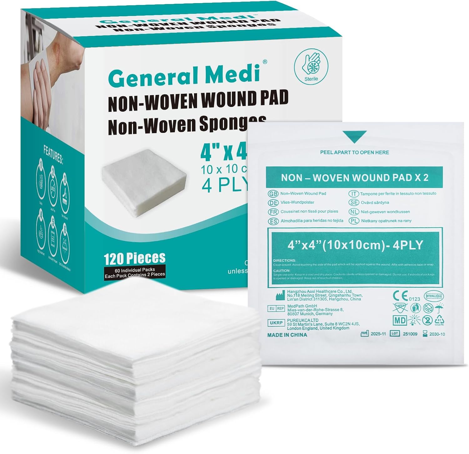 General Medi sterile gauze sponges box front view showcasing authentic USA imported packaging