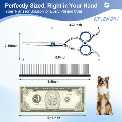 Close up of 6.8 inch curved pet shears highlighting the blunt safety round tips